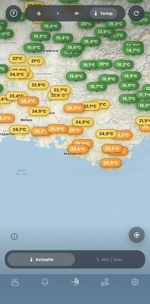 Carte des températures actuelles des stations