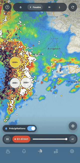 Impacts de foudre et radar de pluie animés